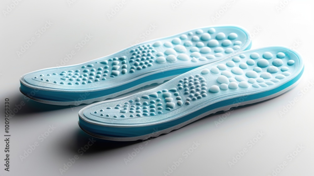 A pair of medical insoles with supportive features and an ergonomic design, isolated on white, intended to treat and prevent flat feet. A pair of medical insoles with supportive features and an ergonomic design, isolated on white, intended to treat and prevent flat feet.