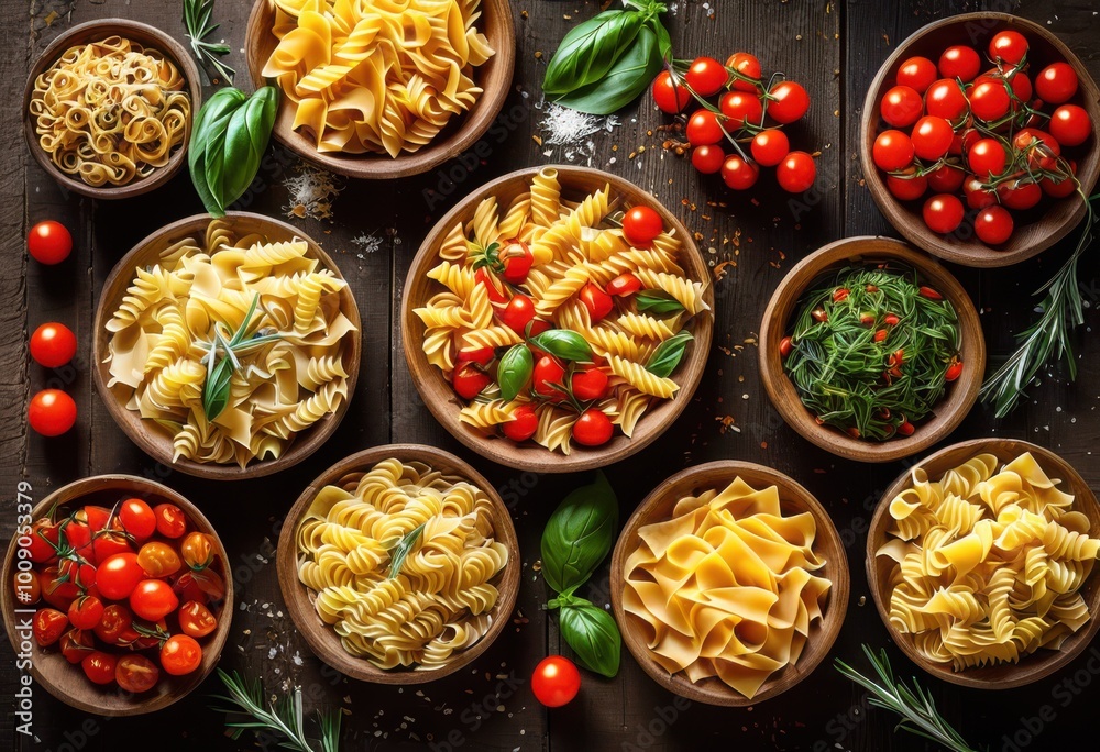vibrant flat lay displaying colorful italian pasta varieties garnishes appetizing ingredients, dish, food, cuisine, fresh, tasty, meal, table, presentation vibrant flat lay displaying colorful italian pasta varieties garnishes appetizing ingredients, dish, food, cuisine, fresh, tasty, meal, table, presentation