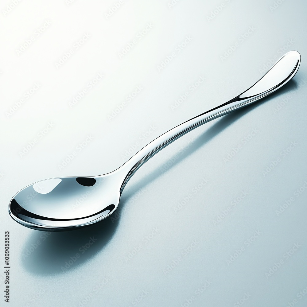 A shiny silver spoon resting on a reflective surface, highlighting its smooth design. A shiny silver spoon resting on a reflective surface, highlighting its smooth design.