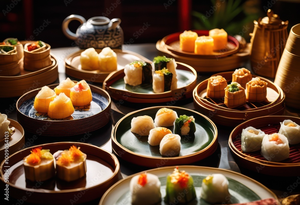 vibrant close shot colorful dim sum dishes showcasing their intricate shapes textures delightful culinary presentation, appetizer, array, authentic, bamboo vibrant close shot colorful dim sum dishes showcasing their intricate shapes textures delightful culinary presentation, appetizer, array, authentic, bamboo