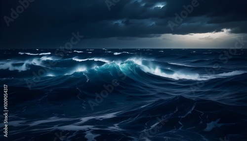 Dramatic night storm over turbulent ocean with lightning illuminating crashing waves