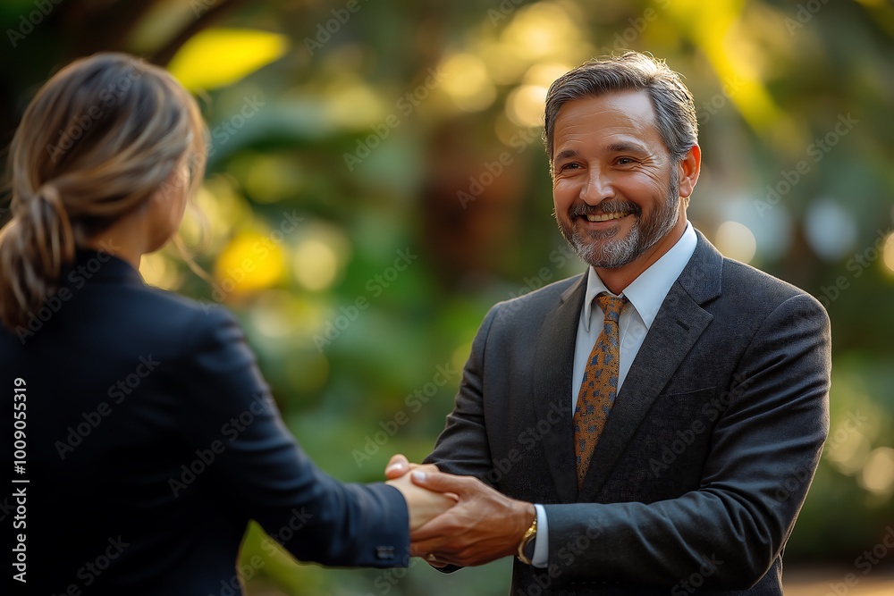 smiling middle aged business man shaking hands with other person smiling middle aged business man shaking hands with other person