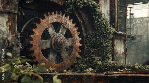 Corroded gears, thick with rust, turning slowly in a derelict industrial landscape overgrown with vines and foliage.