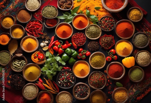 colorful arrangement spices ingredients vibrant textiles showcasing culinary diversity richness, accessory, art, balance, beau, bright, tapestry