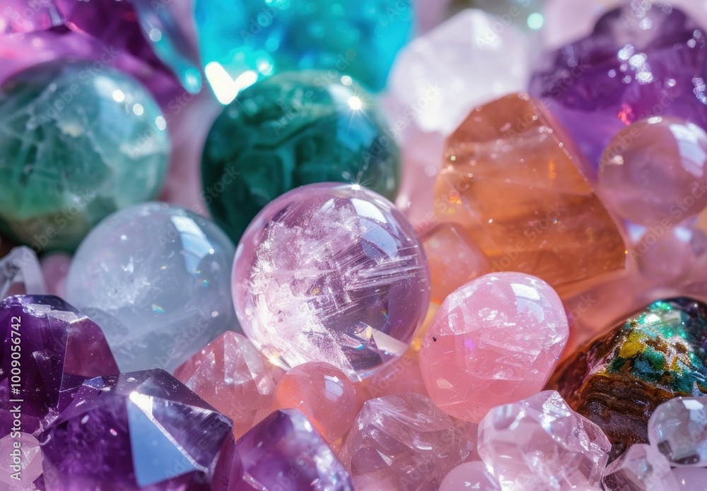 A vibrant array of polished crystals and gemstones in various colors and shapes, displayed on a soft pink surface A vibrant array of polished crystals and gemstones in various colors and shapes, displayed on a soft pink surface