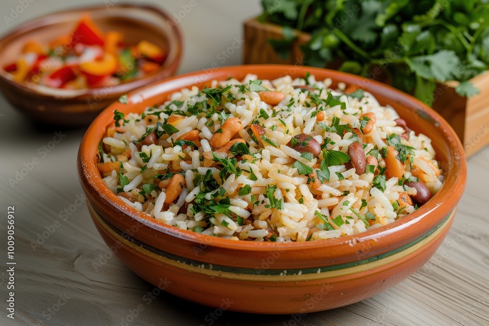 A colorful dish of baio de dois, a traditional rice and beans dish with chunks of cheese and herbs, garnished with fresh cilantro. A colorful dish of baio de dois, a traditional rice and beans dish with chunks of cheese and herbs, garnished with fresh cilantro.
