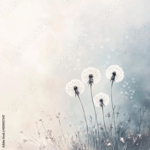 A serene scene featuring delicate dandelions against a soft, dreamy background, evoking tranquility and natural beauty.
