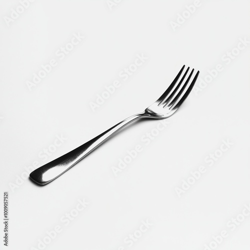 A sleek silver fork placed on a white background, used for eating and serving food.