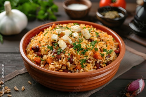 A colorful dish of baio de dois, a traditional rice and beans dish with chunks of cheese and herbs, garnished with fresh cilantro. 