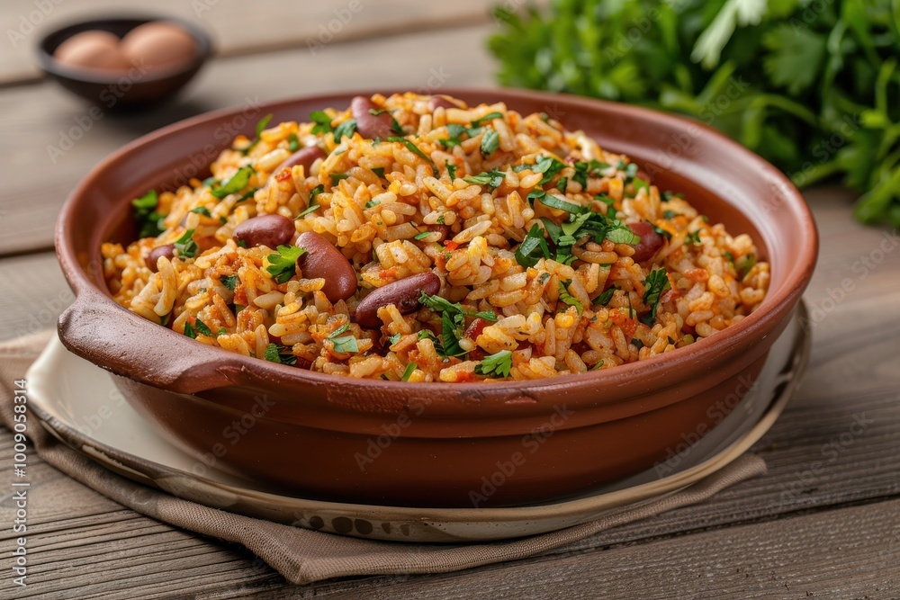 A colorful dish of baio de dois, a traditional rice and beans dish with chunks of cheese and herbs, garnished with fresh cilantro. A colorful dish of baio de dois, a traditional rice and beans dish with chunks of cheese and herbs, garnished with fresh cilantro.