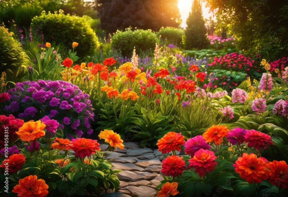 close vibrant flower bed highlighting seasonal beauty colorful blooms lush green foliage, blossom, petal, flora, garden, nature, sunlight, plant, leaf close vibrant flower bed highlighting seasonal beauty colorful blooms lush green foliage, blossom, petal, flora, garden, nature, sunlight, plant, leaf