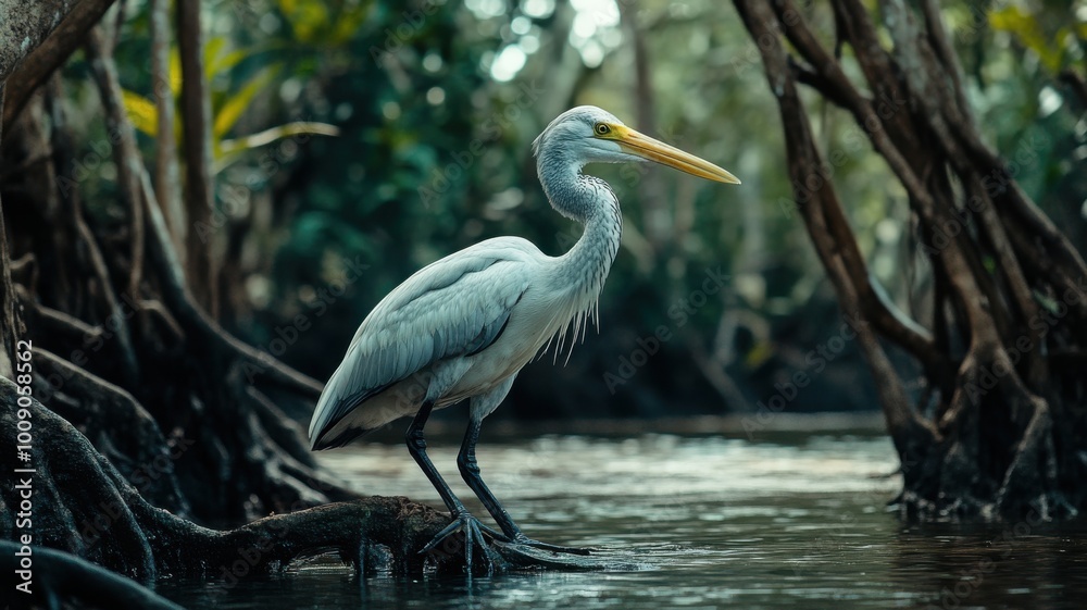 A large white bird stands on a log in a body of water A large white bird stands on a log in a body of water