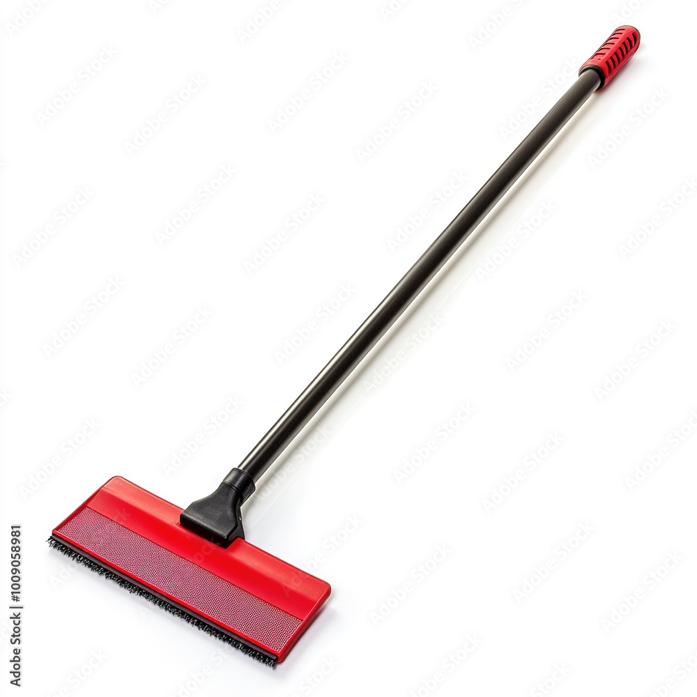 A red and black squeegee designed for cleaning surfaces efficiently. A red and black squeegee designed for cleaning surfaces efficiently.
