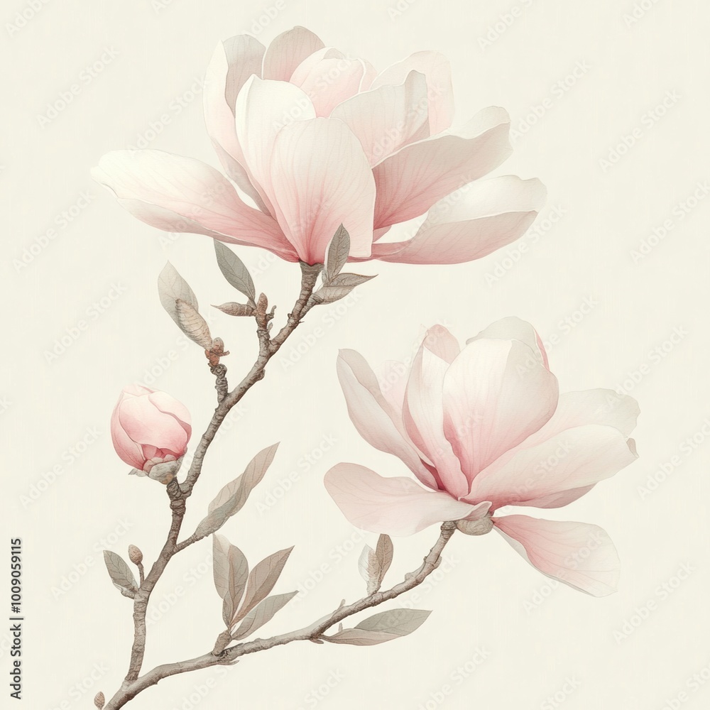 Obraz premium Delicate pink magnolia flowers gracefully bloom against a soft, neutral background, embodying beauty and tranquility.