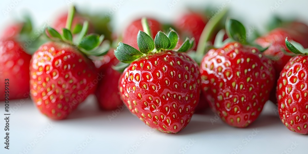Multiple fresh strawberries with vibrant red color and detailed textures against a white background. Soft shadows enhance the appetizing fruit composition in macro photography. Multiple fresh strawberries with vibrant red color and detailed textures against a white background. Soft shadows enhance the appetizing fruit composition in macro photography.