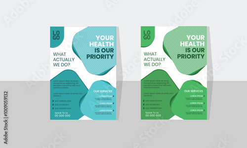 Medical flyer polygon shape design with blue and green color