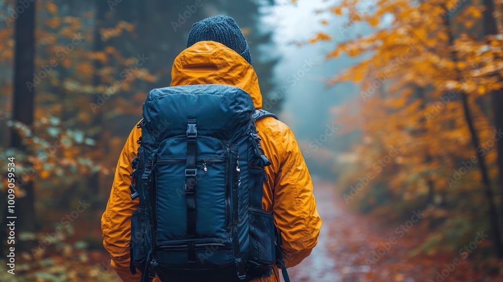 Hiker with Backpack on Autumn Forest Trail Hiker with Backpack on Autumn Forest Trail