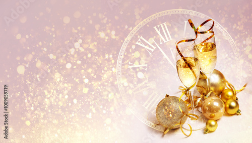 Congratulations on the New Year. 2 glasses of champagne, golden streamers and golden Christmas balls on a pink background