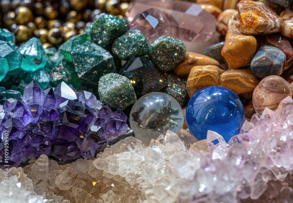 A vibrant collection of various gemstones and crystals in a colorful arrangement