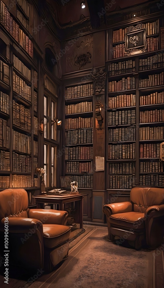 A cozy library scene featuring towering bookshelves lined with books, plush leather armchairs, and dim reading lamps. This inviting space offers a perfect retreat for book lovers to enjoy quiet readin A cozy library scene featuring towering bookshelves lined with books, plush leather armchairs, and dim reading lamps. This inviting space offers a perfect retreat for book lovers to enjoy quiet readin