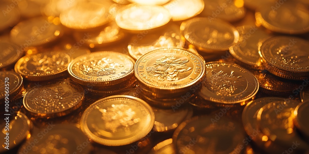 Close-up of shiny gold coins forming a pile, showcasing warm golden tones and metallic texture. Soft focus enhances the wealth imagery and financial concept. Close-up of shiny gold coins forming a pile, showcasing warm golden tones and metallic texture. Soft focus enhances the wealth imagery and financial concept.