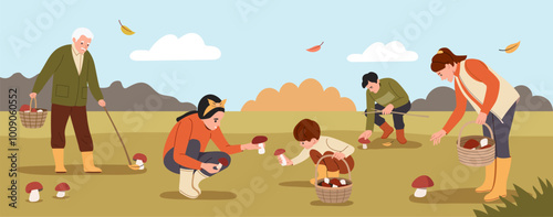 Different people collects mushrooms in the forest. Vector flat style cartoon  illustration