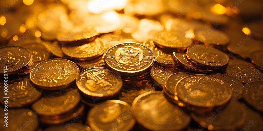 Close-up of shiny gold coins forming a pile, showcasing warm golden tones and metallic texture. Soft focus enhances the wealth imagery and financial concept. Close-up of shiny gold coins forming a pile, showcasing warm golden tones and metallic texture. Soft focus enhances the wealth imagery and financial concept.