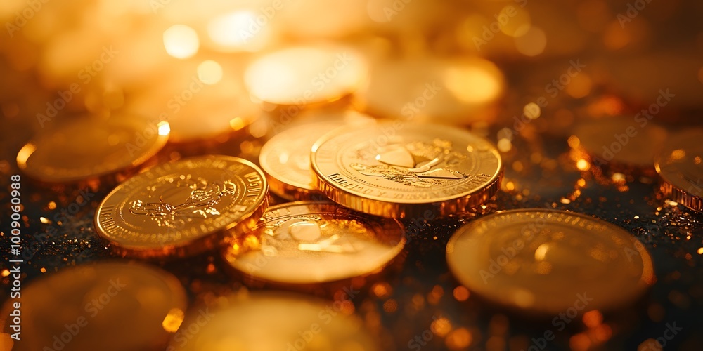 Close-up of shiny gold coins forming a pile, showcasing warm golden tones and metallic texture. Soft focus enhances the wealth imagery and financial concept. Close-up of shiny gold coins forming a pile, showcasing warm golden tones and metallic texture. Soft focus enhances the wealth imagery and financial concept.