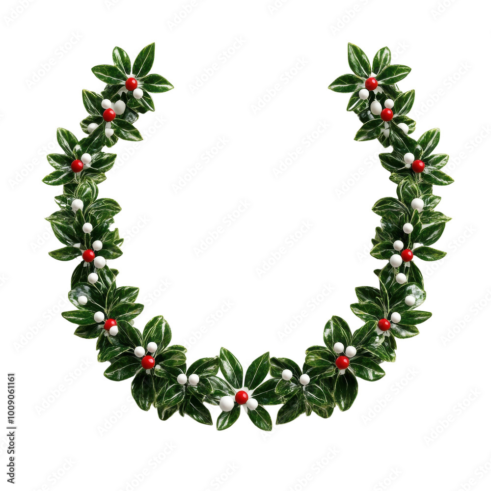 A beautiful holiday wreath made of green leaves and red berries, perfect for festive decorations. A beautiful holiday wreath made of green leaves and red berries, perfect for festive decorations.