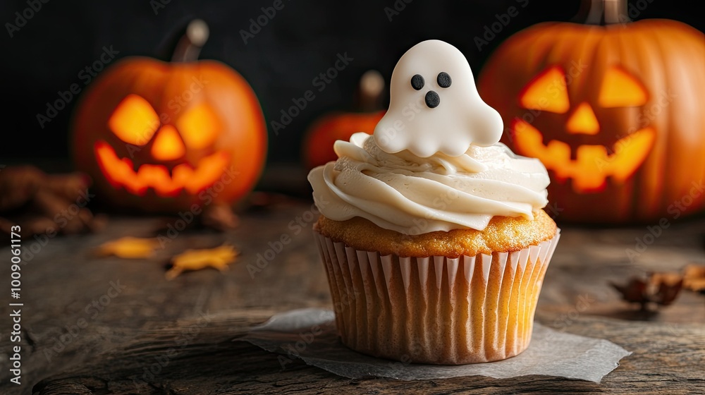 A single Halloween cupcake muffin decorated with ghost-shaped fondant, sitting on a rustic table with jack-o-lanterns in the background. A single Halloween cupcake muffin decorated with ghost-shaped fondant, sitting on a rustic table with jack-o-lanterns in the background.