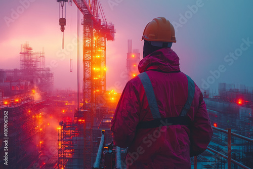 A towering crane lifting materials on a busy construction site, isolated on a soft pastel background,