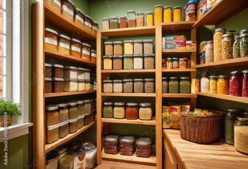 Wallpaper Mural vibrant organized food pantry shelves brimming essentials colorful dry goods ready use, storage, grains, jars, cans, labels, containers, wellness, nutrition Torontodigital.ca