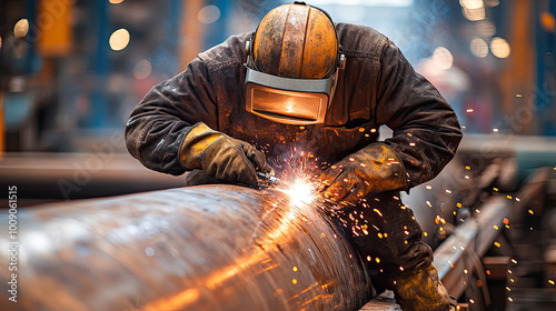 Welding steel with sparks on a tan background.