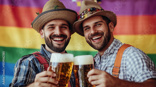 Obraz na płótnie Celebrating Love and Unity at Oktoberfest With Cheers and a Colorful Rainbow Backdrop in a Spirited Autumn Festival Atmosphere w salonie