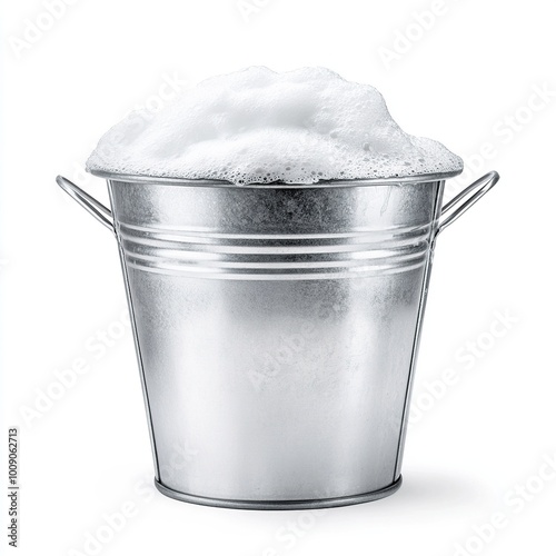 A metallic bucket filled with white foam, suggesting cleaning or washing purposes.