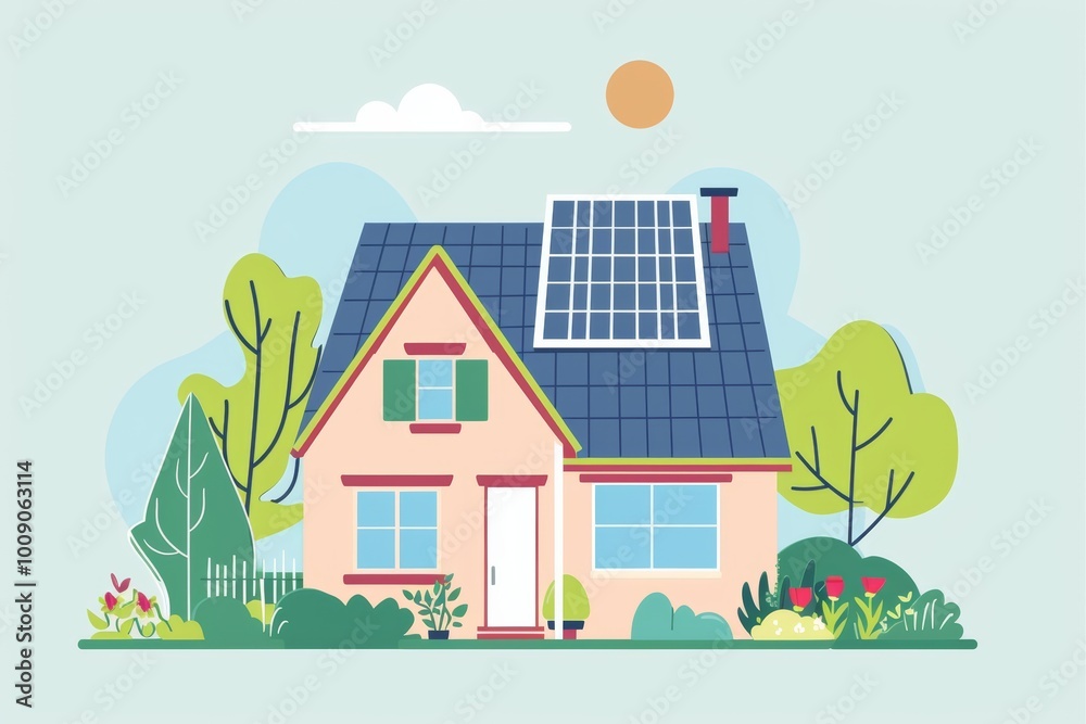 Naklejka premium Eco-friendly home with solar panels under sunny sky