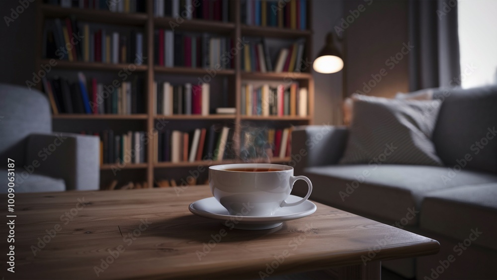 Warm and inviting living room with tea and books Warm and inviting living room with tea and books
