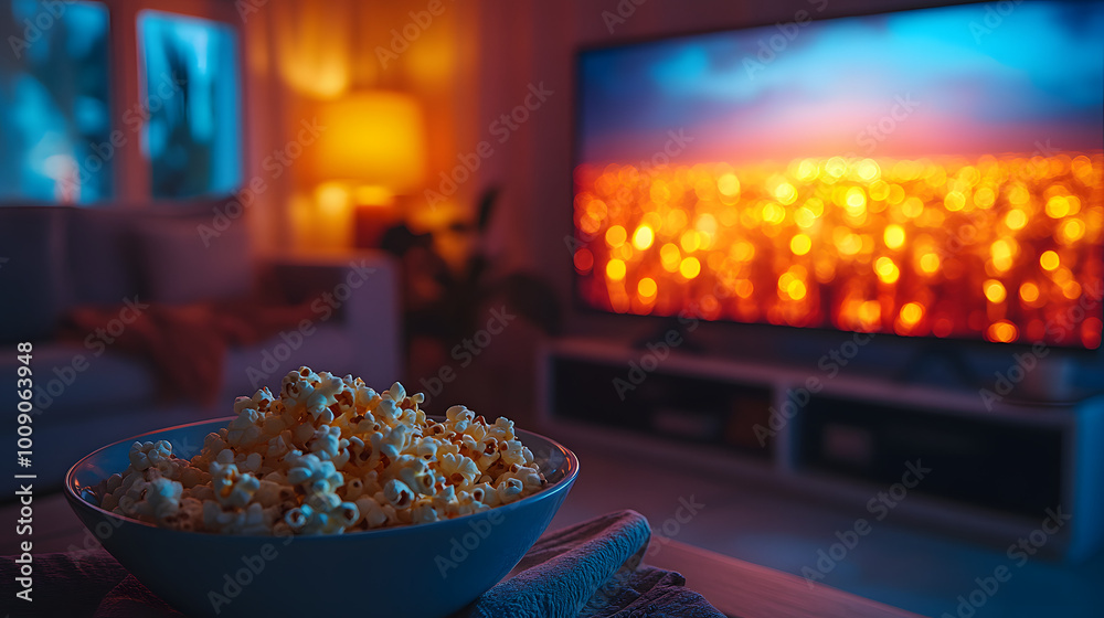 A Close-Up of Delicious Popcorn on a Table in Front of a Television, Perfectly Popped and Fluffy, Ideal for Movie Nights or Casual Gatherings, Bringing a Sense of Comfort and Joy as Friends and Family A Close-Up of Delicious Popcorn on a Table in Front of a Television, Perfectly Popped and Fluffy, Ideal for Movie Nights or Casual Gatherings, Bringing a Sense of Comfort and Joy as Friends and Family