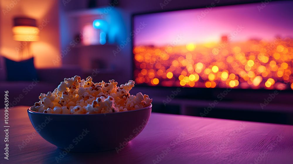 A Close-Up of Delicious Popcorn on a Table in Front of a Television, Perfectly Popped and Fluffy, Ideal for Movie Nights or Casual Gatherings, Bringing a Sense of Comfort and Joy as Friends and Family A Close-Up of Delicious Popcorn on a Table in Front of a Television, Perfectly Popped and Fluffy, Ideal for Movie Nights or Casual Gatherings, Bringing a Sense of Comfort and Joy as Friends and Family