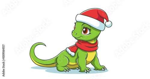 Vector cartoon cute kind little green lizard baby or dragon cub in red scarf and santa claus hat. Merry Christmas and Happy New Year. Isolated white background.