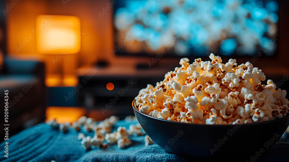 A Close-Up of Delicious Popcorn on a Table in Front of a Television, Perfectly Popped and Fluffy, Ideal for Movie Nights or Casual Gatherings, Bringing a Sense of Comfort and Joy as Friends and Family A Close-Up of Delicious Popcorn on a Table in Front of a Television, Perfectly Popped and Fluffy, Ideal for Movie Nights or Casual Gatherings, Bringing a Sense of Comfort and Joy as Friends and Family