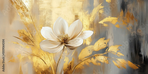 Oil painting of white flowers on beige background, soft palette knife strokes in neutral tones
