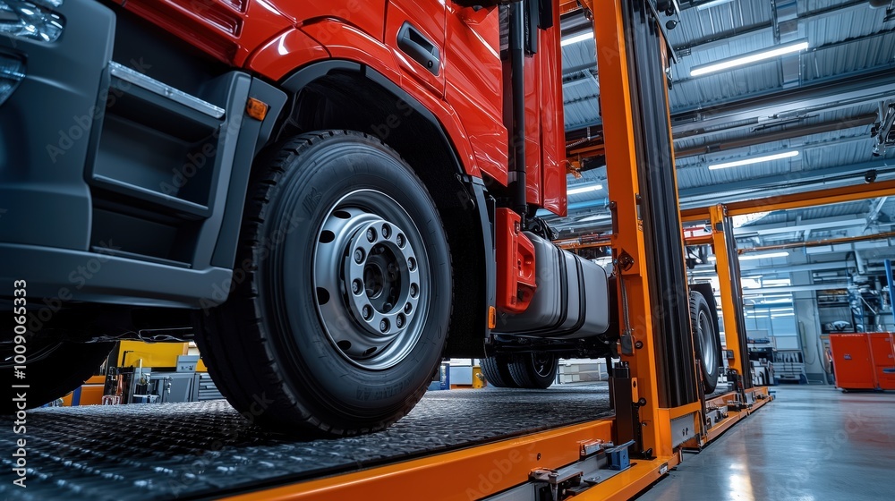 Fototapeta premium Lorry Truck on Lift in High-Tech Service Center for Maintenance and Repair