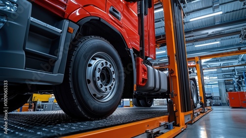 Lorry Truck on Lift in High-Tech Service Center for Maintenance and Repair