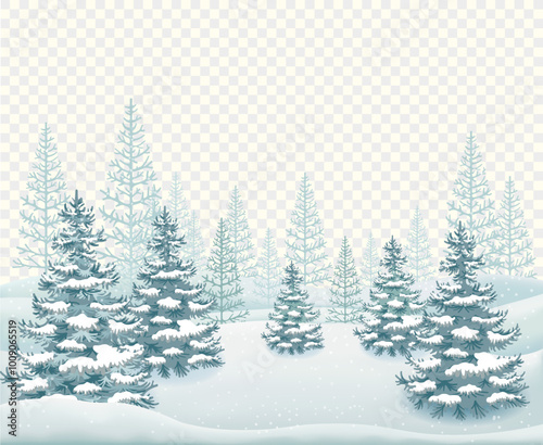 Winter landscape with falling snow, snowy hills, and fir trees. Isolated on a transparent background. Vector illustration.
