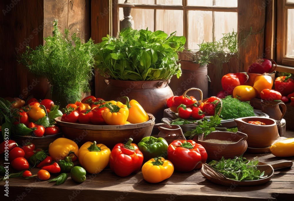 colorful elements displayed energetic culinary arrangement fresh ingredients cooking utensils, colors, vibrant, texture, vegetables, food, herbs, oils colorful elements displayed energetic culinary arrangement fresh ingredients cooking utensils, colors, vibrant, texture, vegetables, food, herbs, oils