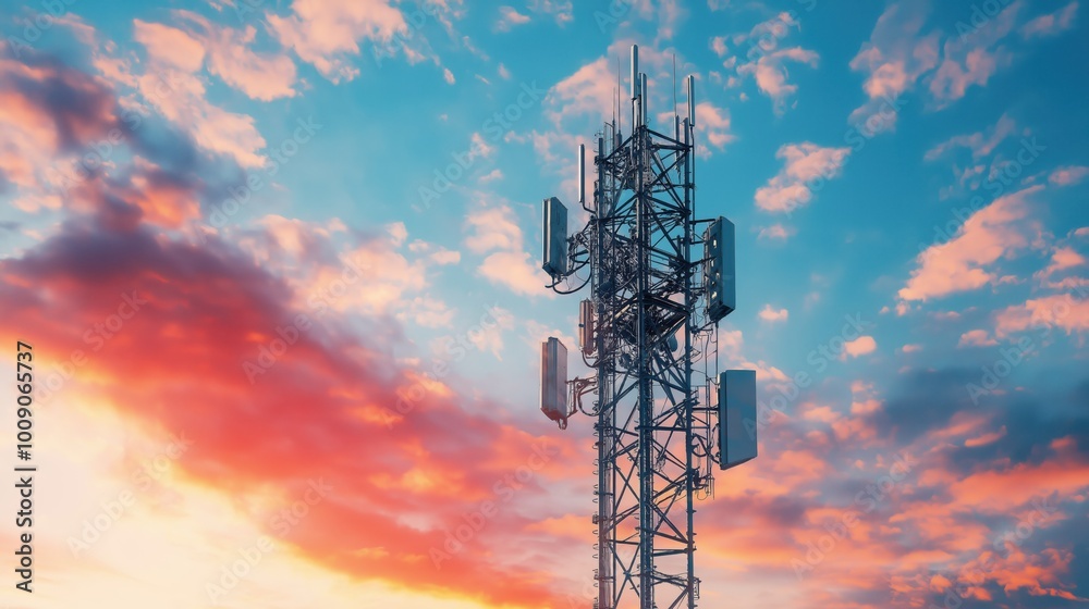 Telecommunication Tower Against Vibrant Sunset Sky with Cloud Patterns Telecommunication Tower Against Vibrant Sunset Sky with Cloud Patterns