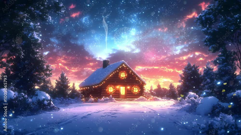 A snow-covered cabin twinkles with festive Christmas lights, surrounded by serene winter beauty. Wreaths and garlands add charm while the night sky sparkles with stars above. A snow-covered cabin twinkles with festive Christmas lights, surrounded by serene winter beauty. Wreaths and garlands add charm while the night sky sparkles with stars above.