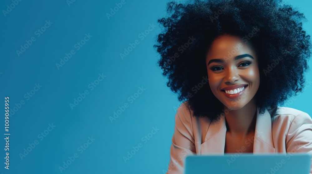 Fototapeta premium Portrait of a Smiling Woman with Afro Hair Sitting Against a Vibrant Blue Background