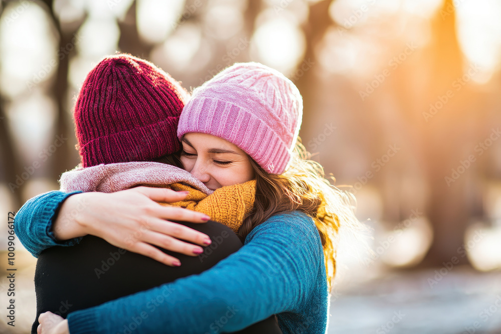 Obraz premium Two friends share a warm embrace in winter, highlighting the joy of friendship and connection amidst a snowy landscape.